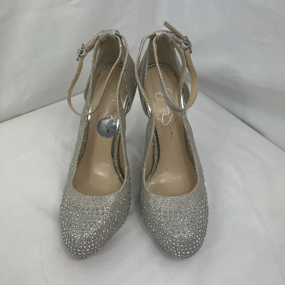 EUC JESSICA SIMPSON 7M Luvme 4 Silver White Sparkle Ankle‎ Strap Slight Platform